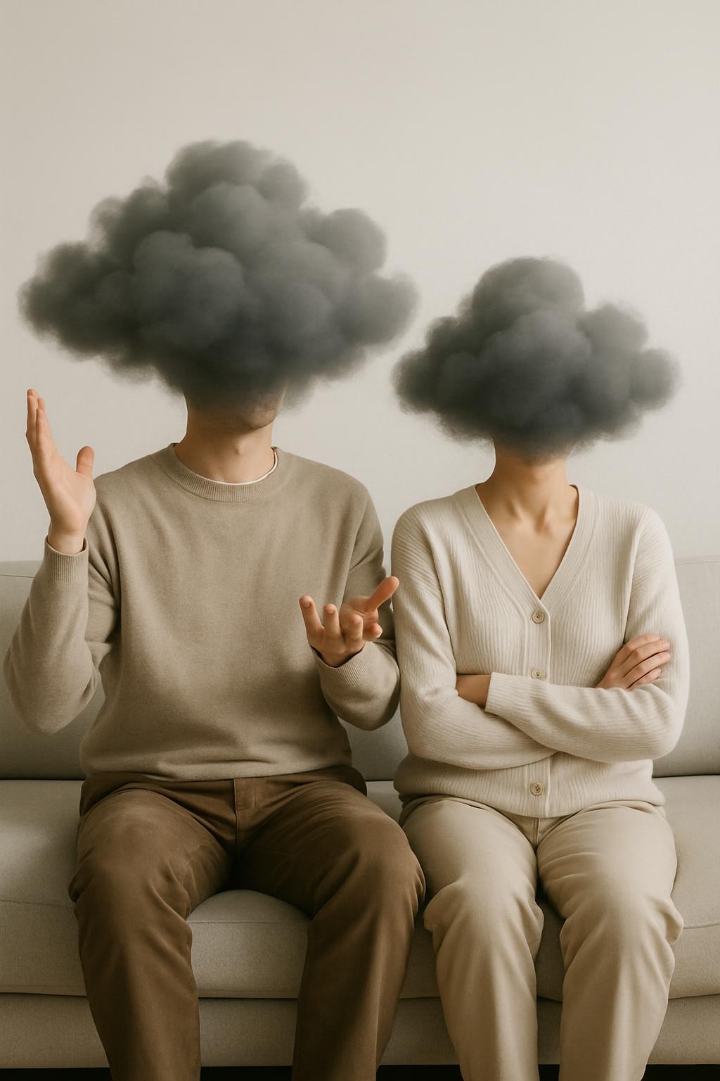 A couple sitting side by side but slightly apart, the man with arms raised in a gesture of frustration, both heads replaced by dark (but not too dark) clouds. Scandinavian, modern, relaxed clothing, soft natural light.